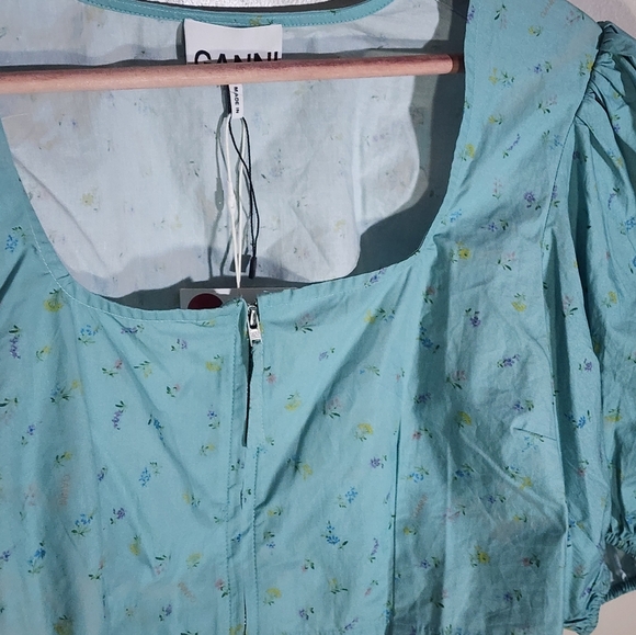 Ganni Blue Floral Puff Sleeve Crop Top - Picture 9 of 9